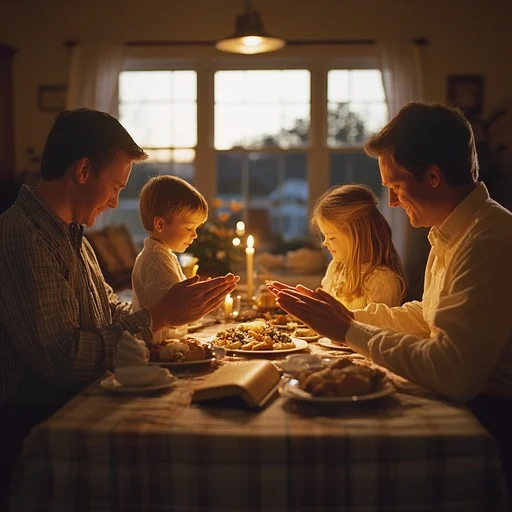 Family sharing a calm evening dinner at a well-lit dining table