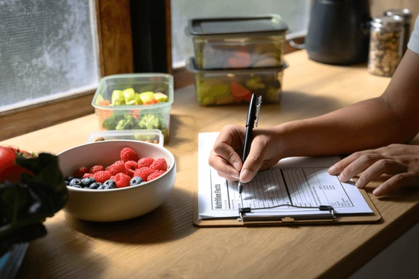 Person writing a meal plan in a notebook at a kitchen table